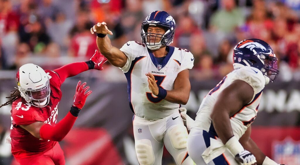 Russell Wilson of Denver Broncos throwing a pass.