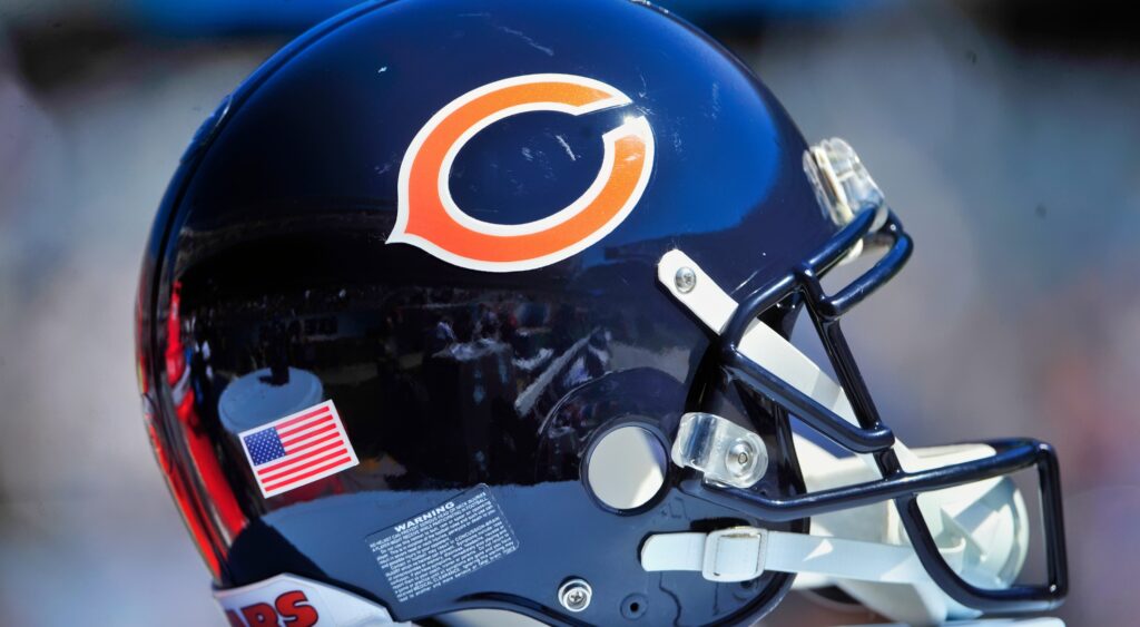 A Chicago Bears helmet on the bench.