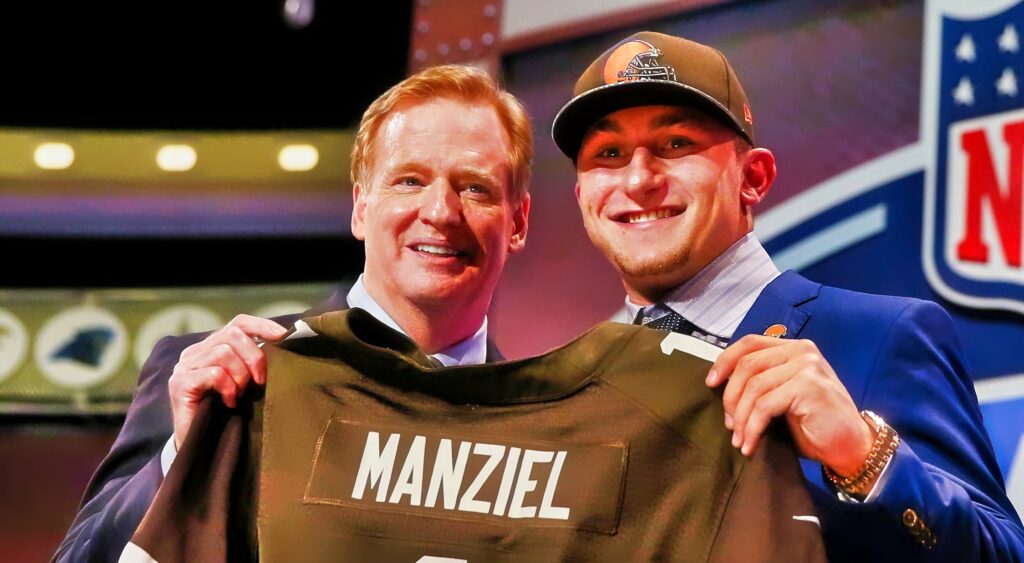 NFL commissioner Roger Goodell (left) and Johnny Manziel (right) posing with jersey at 2014 NFL Draft.