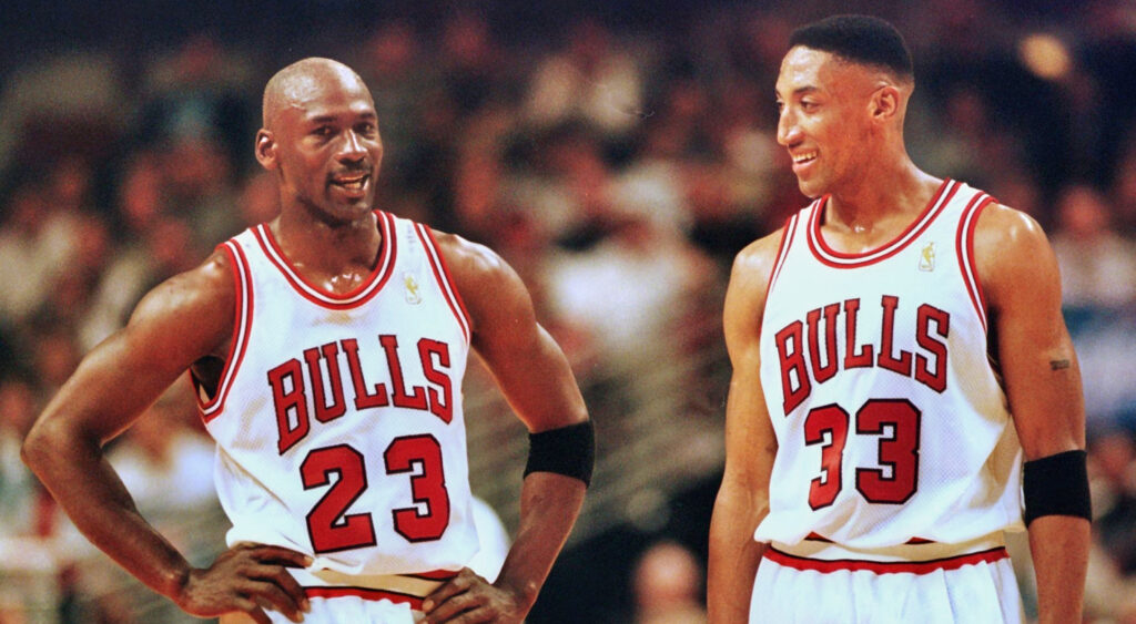 Michael Jordan And Scottie Pippen in Bulls jerseys.
