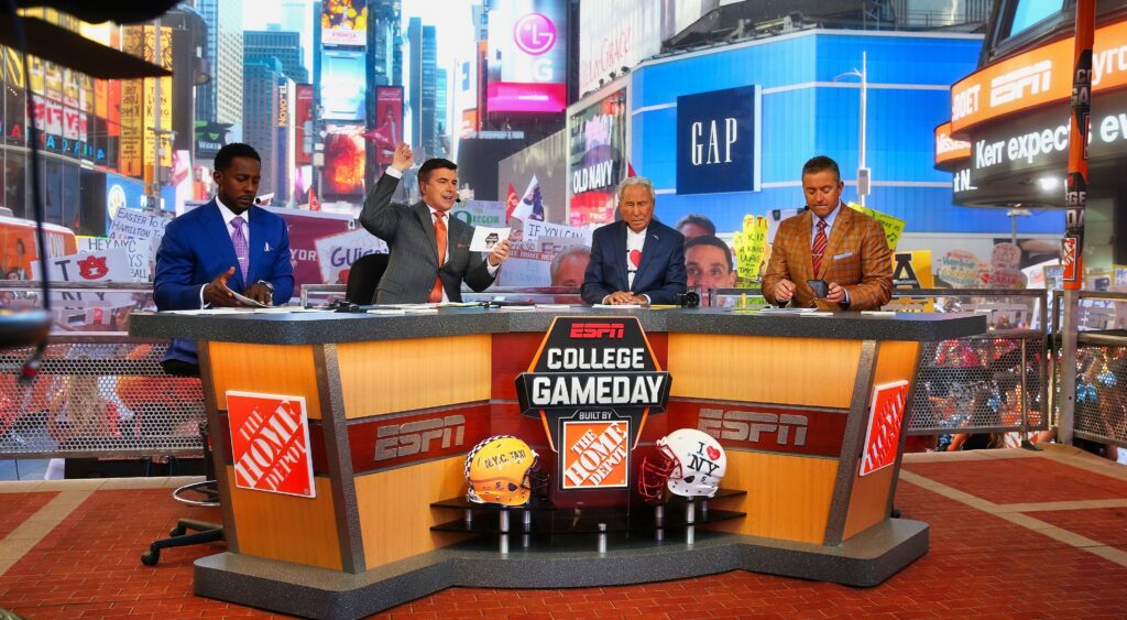 The ESPN College Gameday crew on the set in New York.