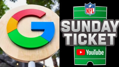 Photo of Google logo on street sign and NFL Sunday Ticket signage