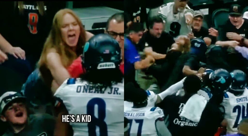 Split image of a fight breaking out in the stands at an Indoor Football league game.