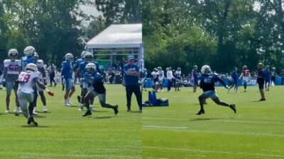 Photos of Jahmyr Gibbs running route in Lions/Giants joint practice