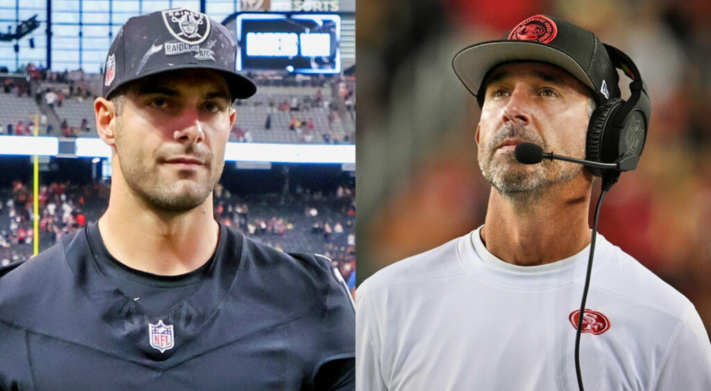 Photo of Jimmy Garoppolo in Raiders gear and photo of Kyle Shanahan wearing headset
