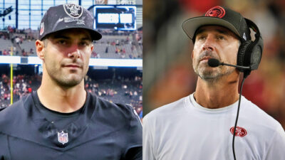 Photo of Jimmy Garoppolo in Raiders gear and photo of Kyle Shanahan wearing headset