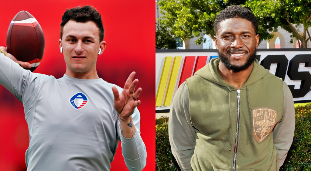 Photo of Johnny Manziel throwing a football and photo of Reggie Bush standing at ease