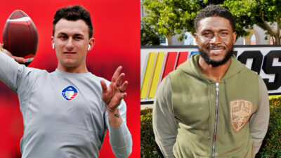 Photo of Johnny Manziel throwing a football and photo of Reggie Bush standing at ease