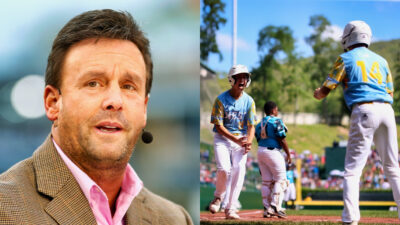 Photo of Karl Ravech speakigninto mic and photo of Little League players celebrating