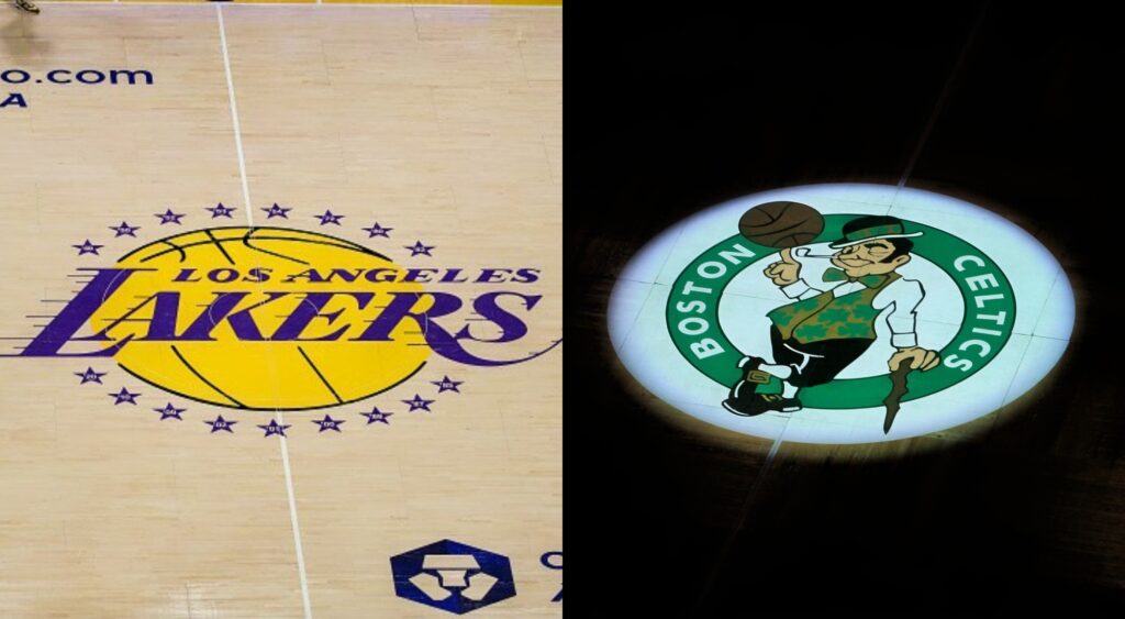 Split image of Lakers logo and Celtics logo on the court.