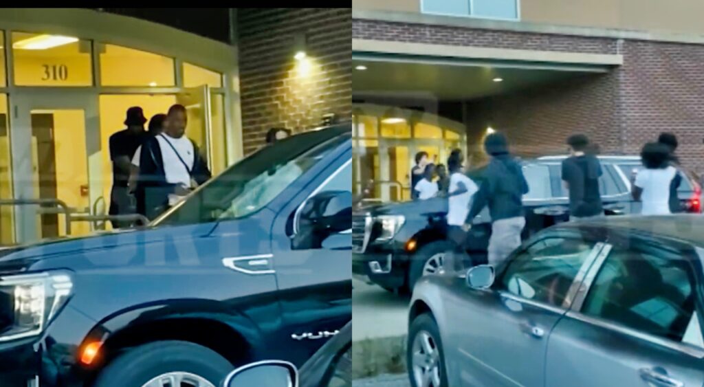 Split image of LeBron and Bronny James exiting the Mayo Clinic