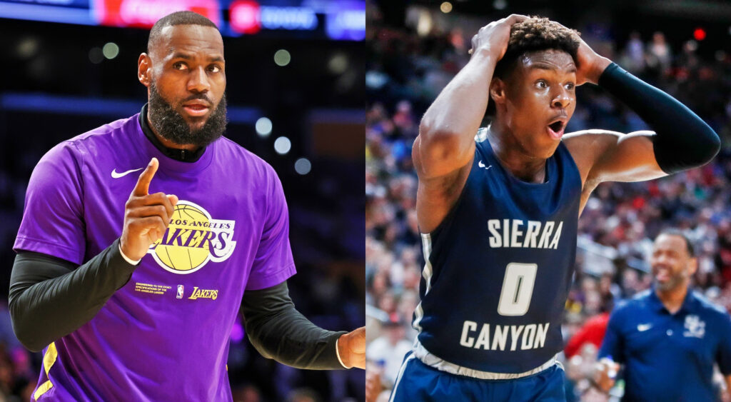 Photo of LeBron James pointing and photo of Bronny James with his hands on his head