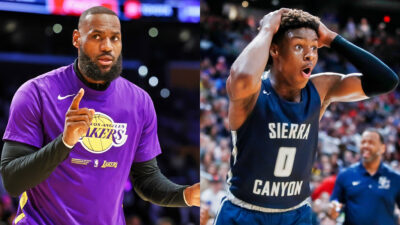 Photo of LeBron James pointing and photo of Bronny James with his hands on his head