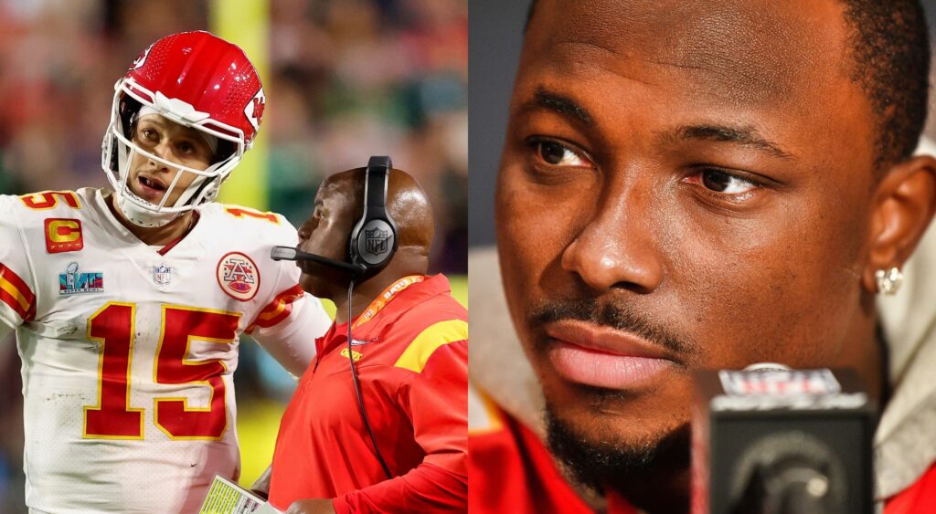 Split image of Eric Bieniemy talking to Patrick Mahomes, and a closeup of LeSean McCoy.