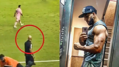 Photo of Lionel Messi being shadowed by bodyguard and photo of Messi's bodyguard flexing in a selfie