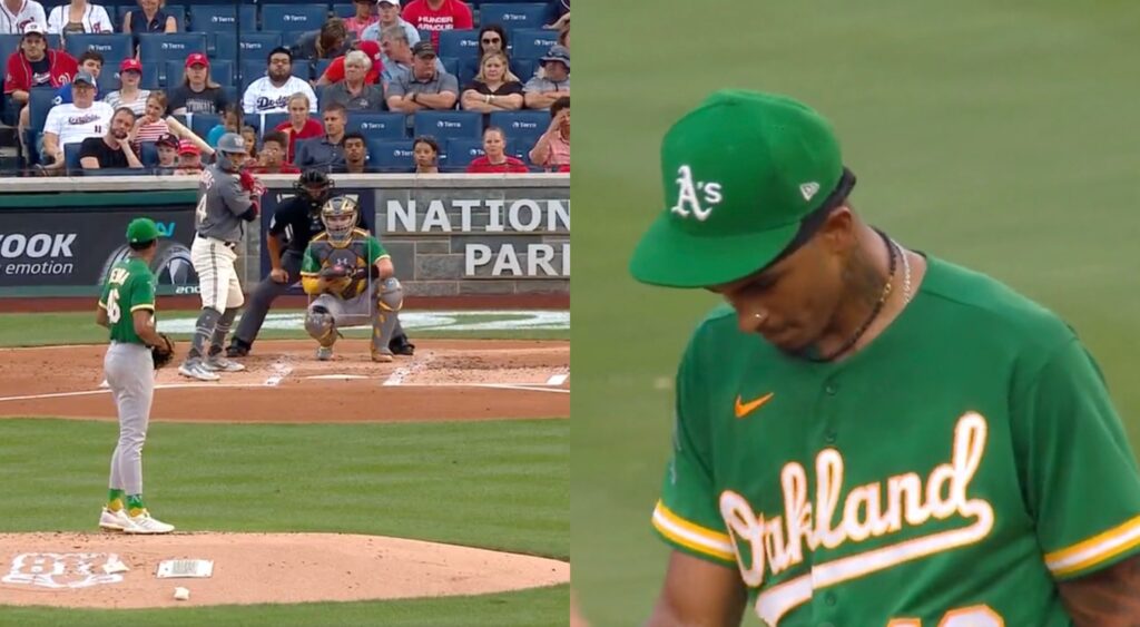 split image of luis medina setting up for a pitch and after a play.