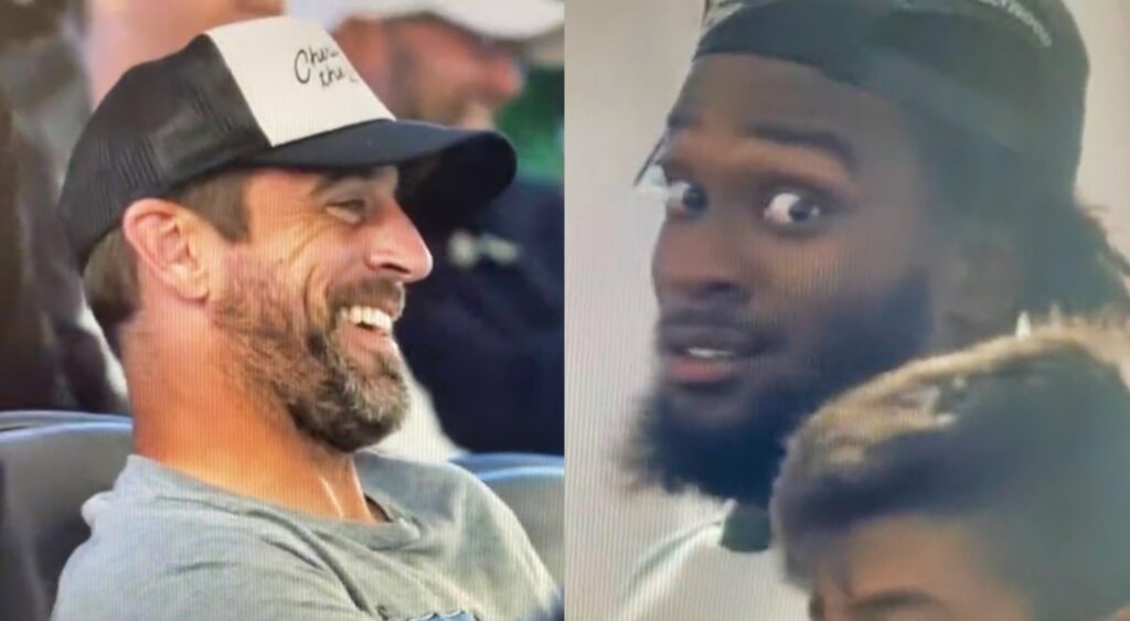 Split image of Aaron Rodgers laughing and a Jets player giving a stunned look.