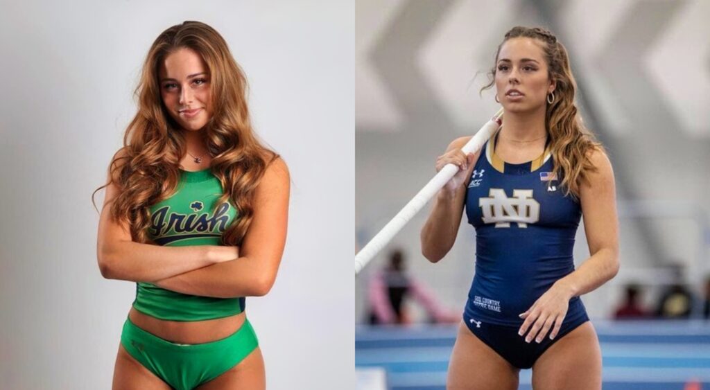 Split image of Olivia Fabry posing in her Notre Dame track uniform for a photoshoot and Olivia getting ready for an attempt at a competition.