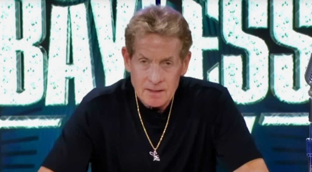 Skip Bayless in black shirt on podcast show