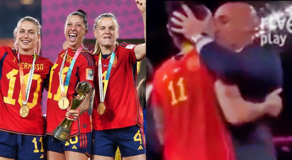 Split image of Spain women celebrating World Cup Win and Spain Soccer President Kissing Jenni Hermoso