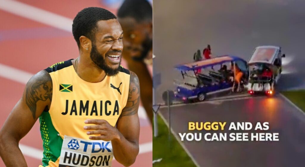 Split image of Andrew Hudson squinting and a screenshot from the cart crash at the World Championships.