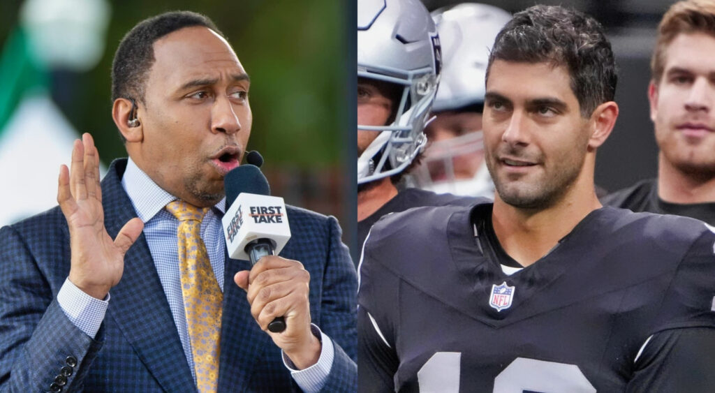 Photo of Stephen A. Smith speaking into a mic and photo of Jimmy garoppolo smiling