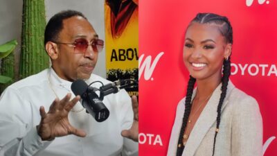 Stephen A. Smith in front of a mic. Malika Andrews smiling