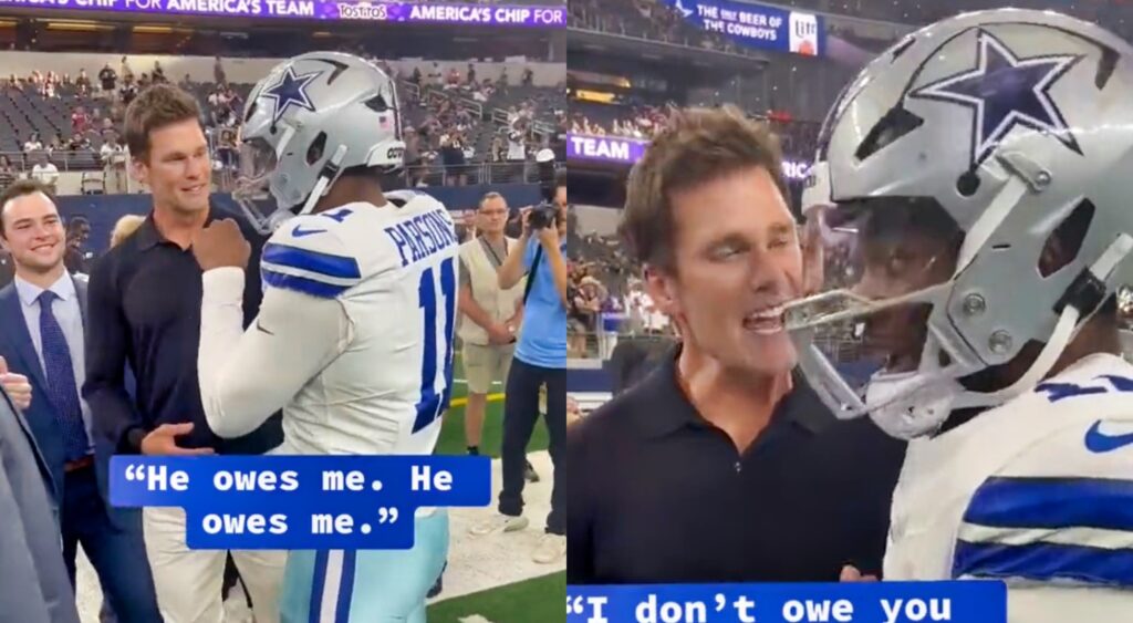 Split image of Tom Brady talking to Micah Parsons before a game.