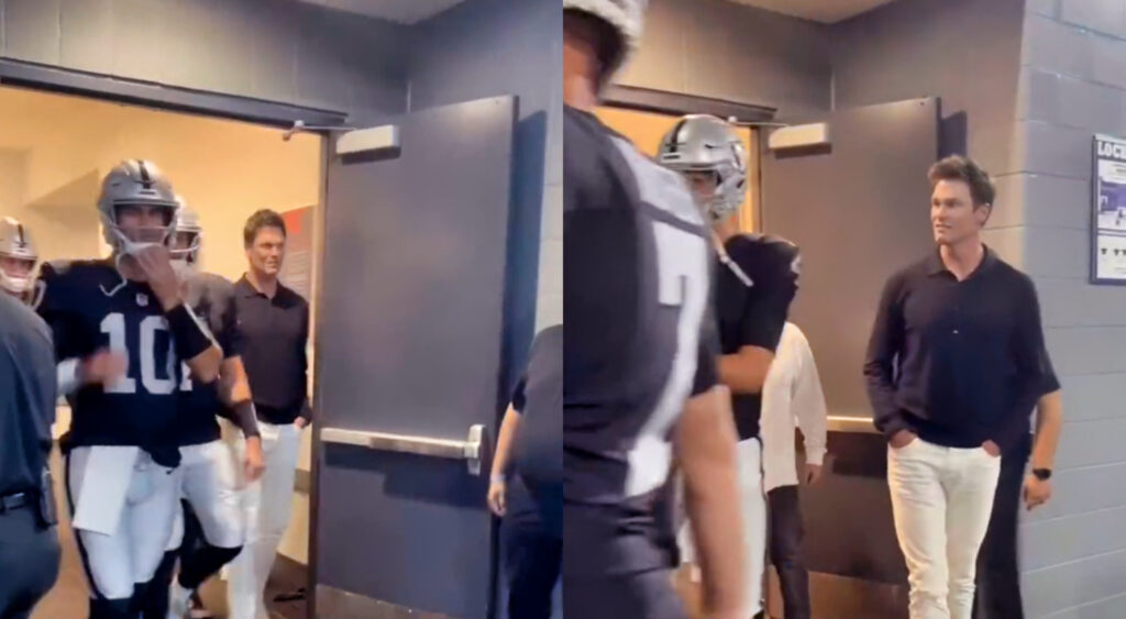 Photos of Tom Brady speaking to Raiders players