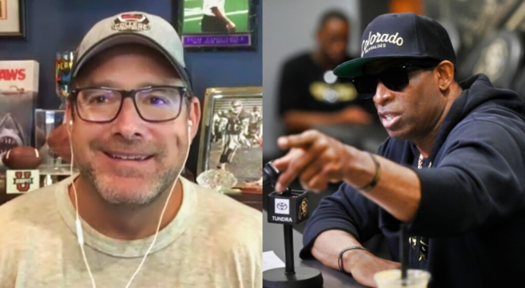 Photo of Tom Luginbill wearing hat and glasses and photo of Deion Sanders pointing