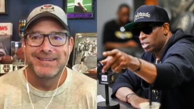 Photo of Tom Luginbill wearing hat and glasses and photo of Deion Sanders pointing