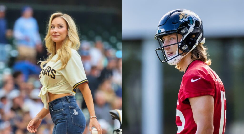 Paige Spiranac on baseball mound. Trevor Lawrence in red practice jersey