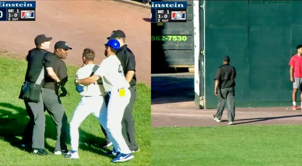 Split image of an umpire arguing with a player and the umpire walking off the field.