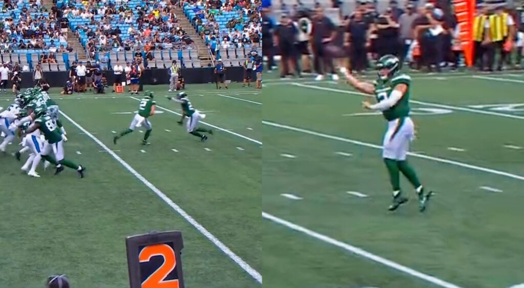 Split image of Zach Wilson play action touchdown pass.
