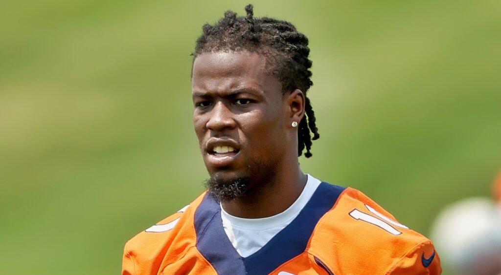 Jerry Jeudy of Denver Broncos looking on at mini-camp.