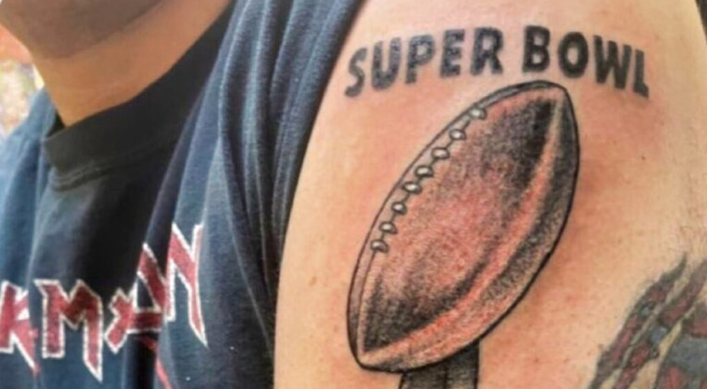 A Detroit Lions fan's Super Bowl 2024 tattoo on arm.