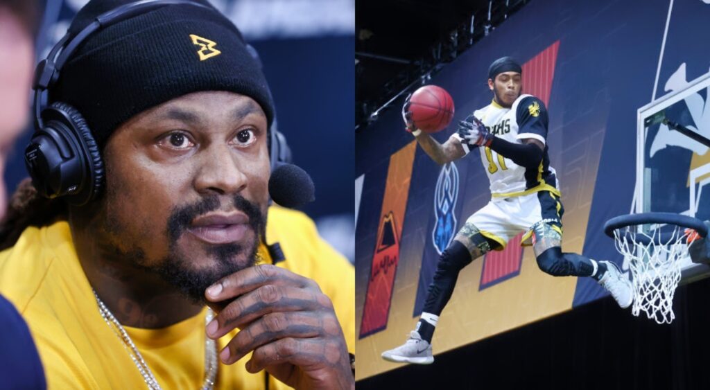 Marshawn Lynch with headset on. Guy dunking