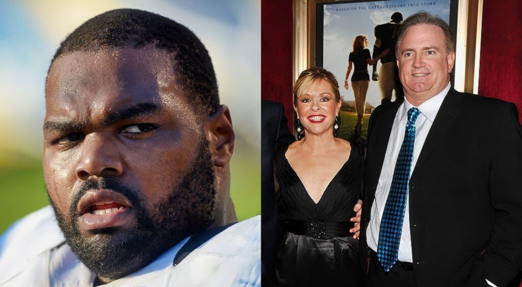 Michael Oher in uniform. Sean Tuohy and wife posing 