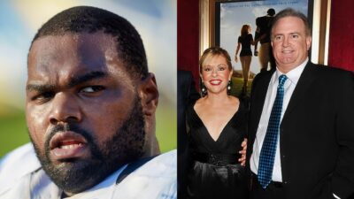 Michael Oher in uniform. Sean Tuohy and wife posing