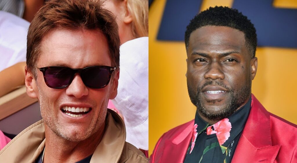 Tom Brady in sunglasses. Kevin Hart in rd suit
