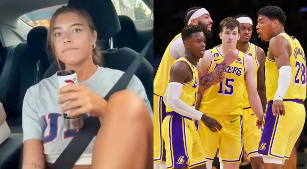 Split photo of female in her car and Lakers players huddling during a game.