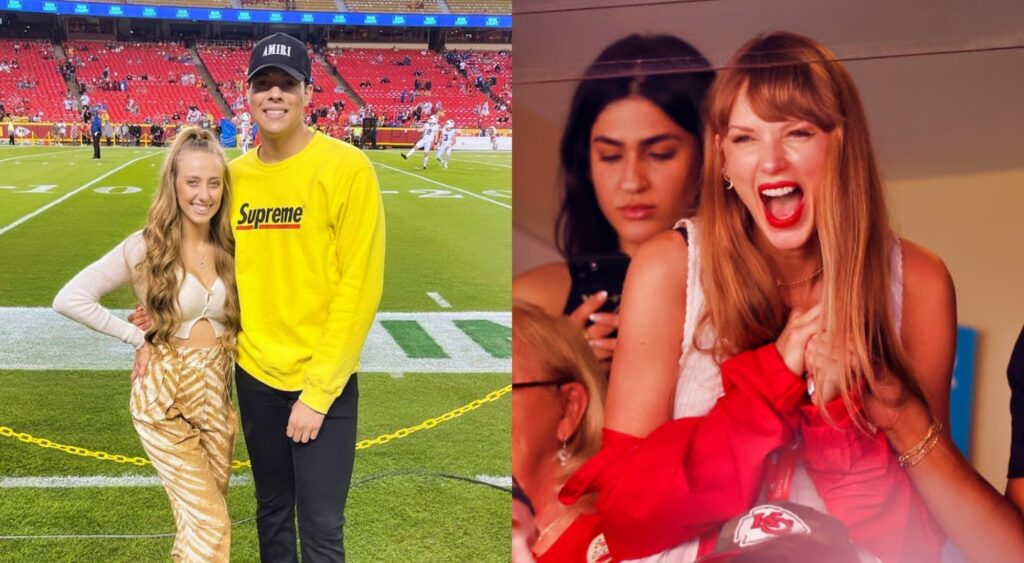 Brittany & Jackson Mahomes posing on field. Taylor Swift smiling at Chiefs game