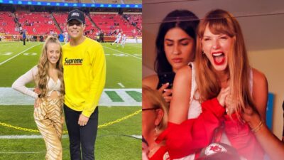 Brittany & Jackson Mahomes posing on field. Taylor Swift smiling at Chiefs game