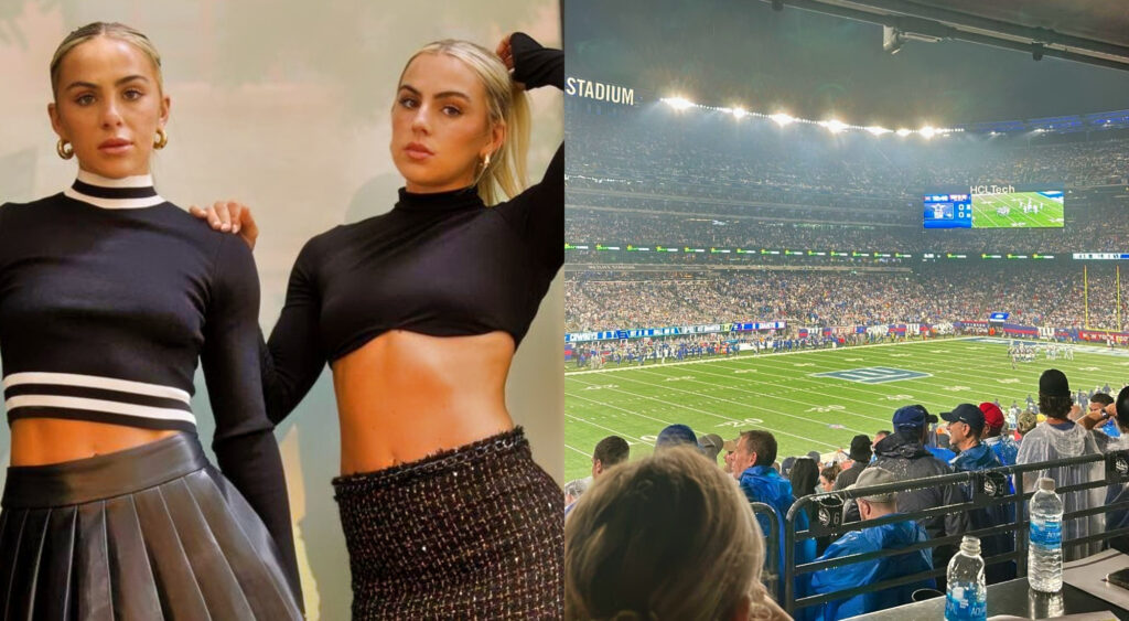 Photo of Cavinder Twins posing in black outfits and photo of NY Giants MetLife Stadium
