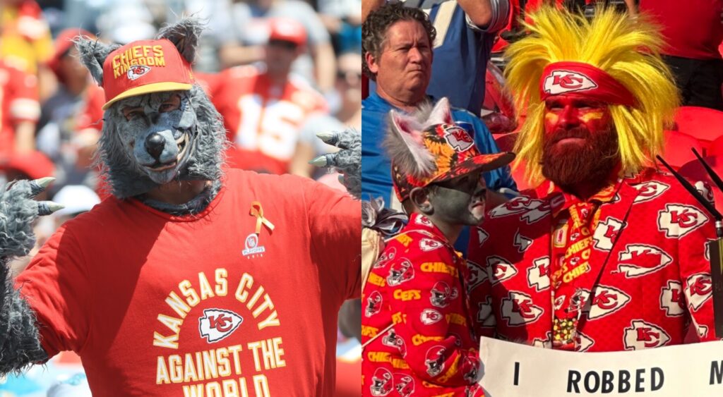 Split image of Chiefsaholic and a couple of Chiefs fans in costumes.