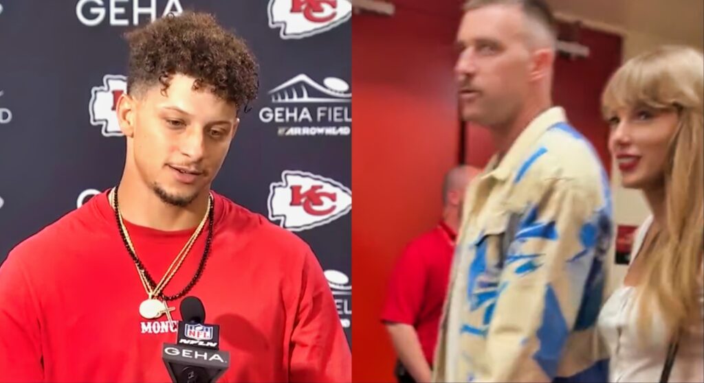 Patrick Mahomes (speaking) left. Travis Kelce and Taylor Swift walking (right).
