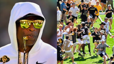 Hphoto of Deion Sanders with a whistle in his mouth and photo of Colorado fans rushing the field