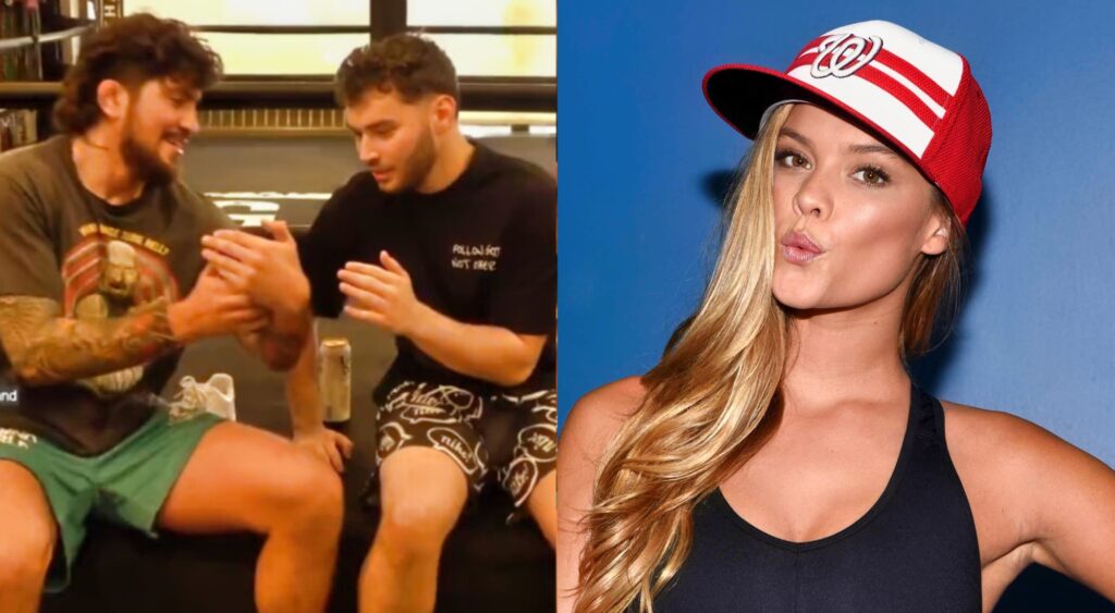 Split of Dillon Danis showing Adin Ross a photo and Nina Agdal posing for the camera.