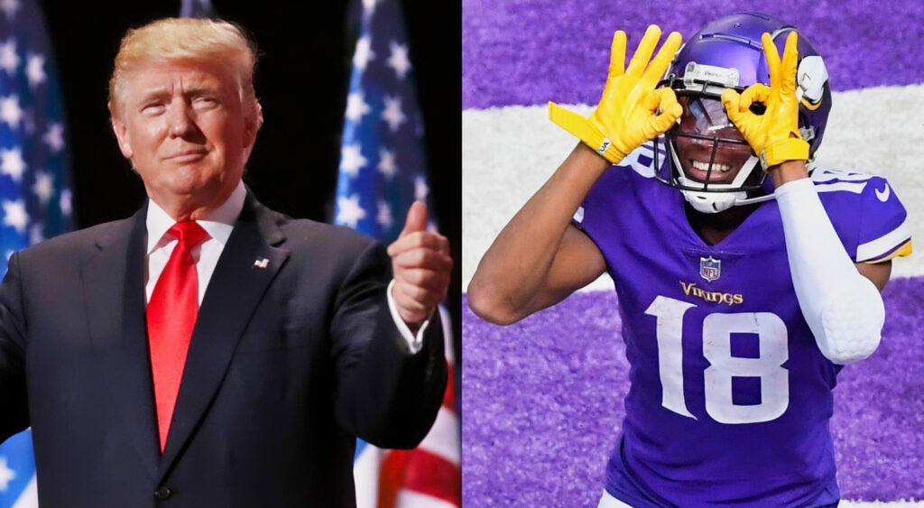 Photo of Donald Trump holding thumbs up and photo of Justin Jefferson celebrating a touchdown
