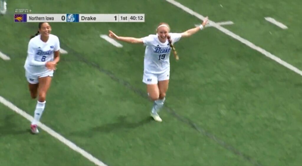 Drake's Zoey Mahoney celebrates a goal.